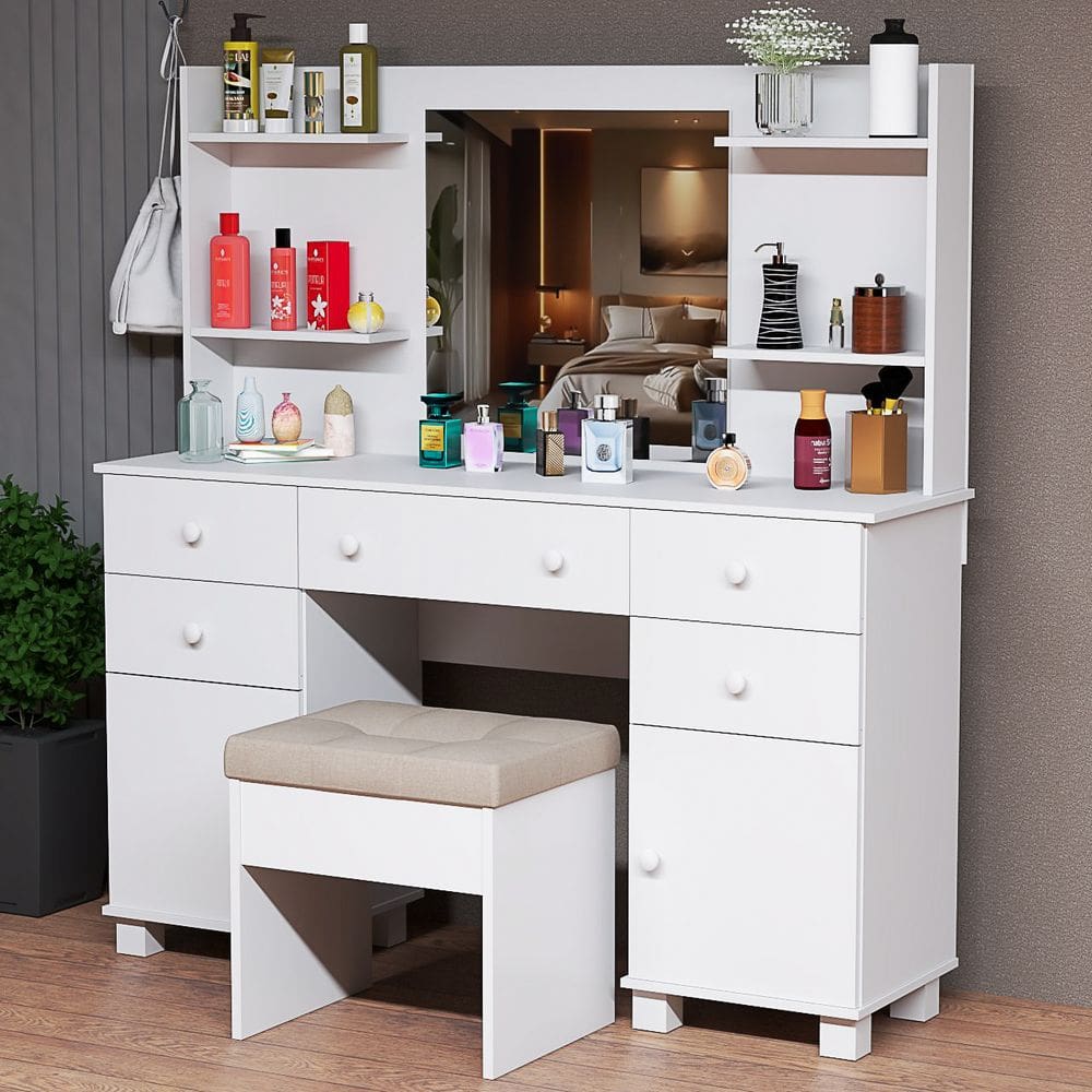 Penteadeira Camarim Com Prateleiras e Portas Para Maquiagem E Banqueta Para Quarto ou Closet Espelho Grande