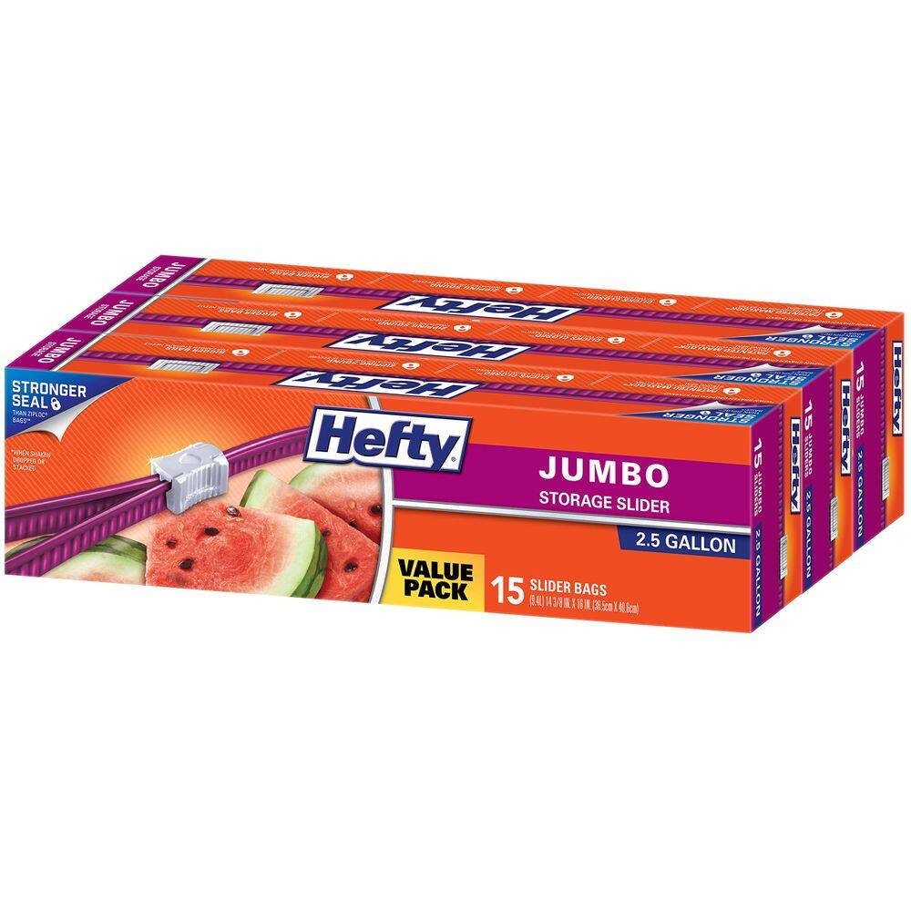 Sacos de armazenamento Hefty Slider Jumbo 9,5 L, 15 unidades (pacote com 3)