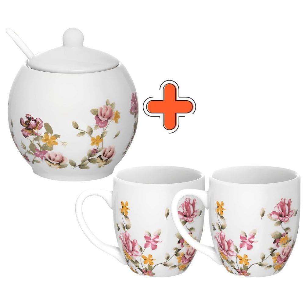 Kit Le Jardin Açucareiro com Colher 350ml  e 2 Canecas 300ml em Porcelana