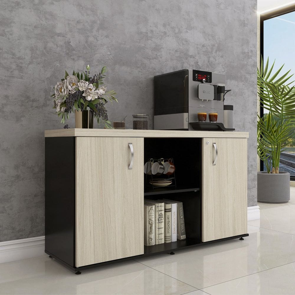Armário Baixo com Nicho 2 Portas Pivotante Credenza Preto/Castanheira Natural