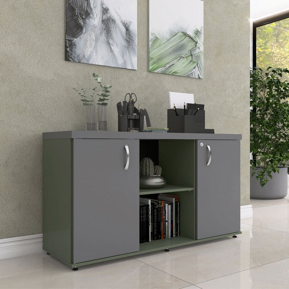 Armário Baixo com Nicho 2 Portas Pivotante Credenza Salvia/Grafito