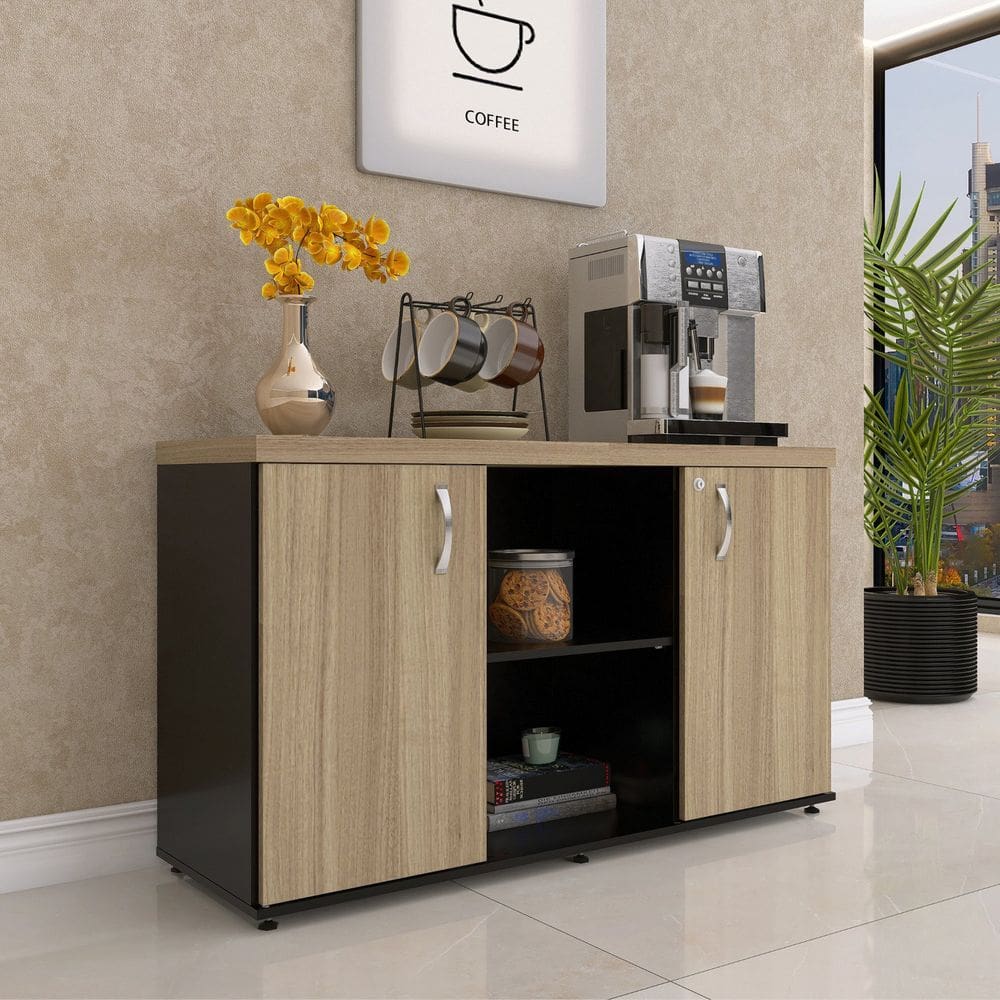 Armário Baixo com Nicho 2 Portas Pivotante Credenza Preto/Noce Naturalle