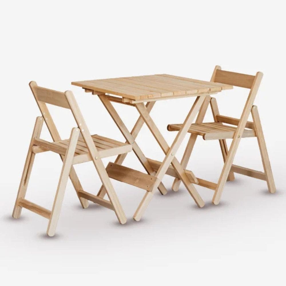 Conjunto de Mesa 70x70cm e 2 Cadeiras Dobráveis em Eucalipto sem Pintura Davos Natural