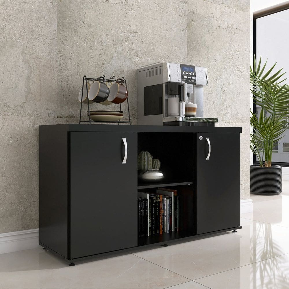 Armário Baixo com Nicho 2 Portas Pivotante Credenza Preto