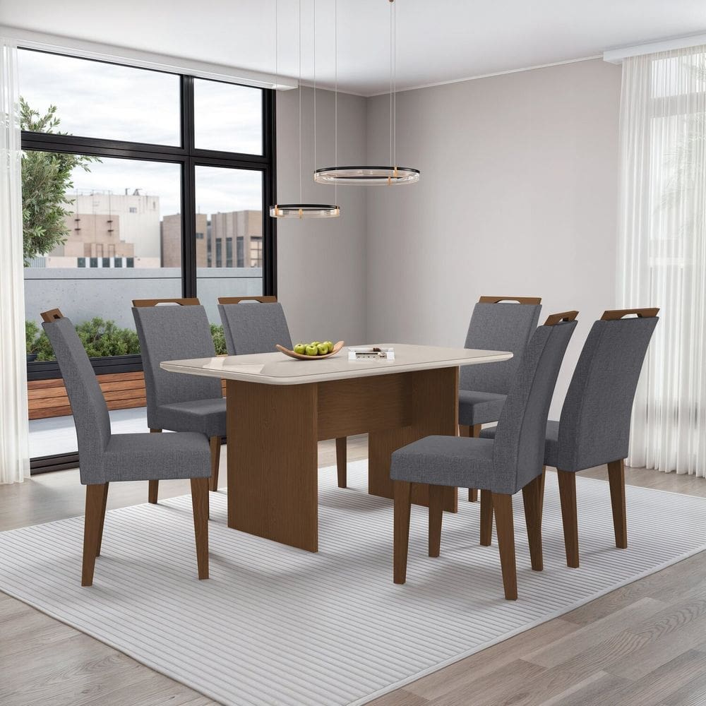 Mesa Cairo 160x90cm Tampo Mdf e Vidro com 6 Cadeiras Evora Freijó/Cinza/Off White
