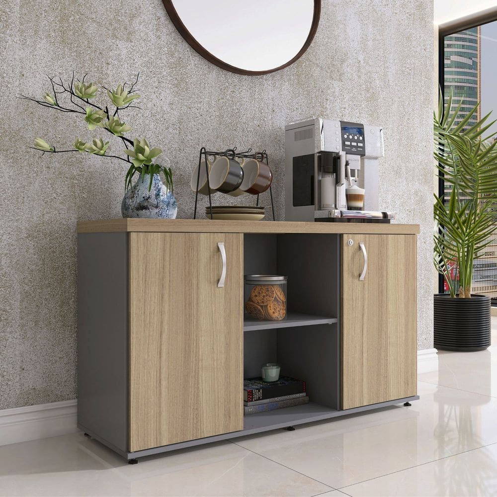 Armário Baixo com Nicho 2 Portas Pivotante Credenza Grafito/Noce Naturalle