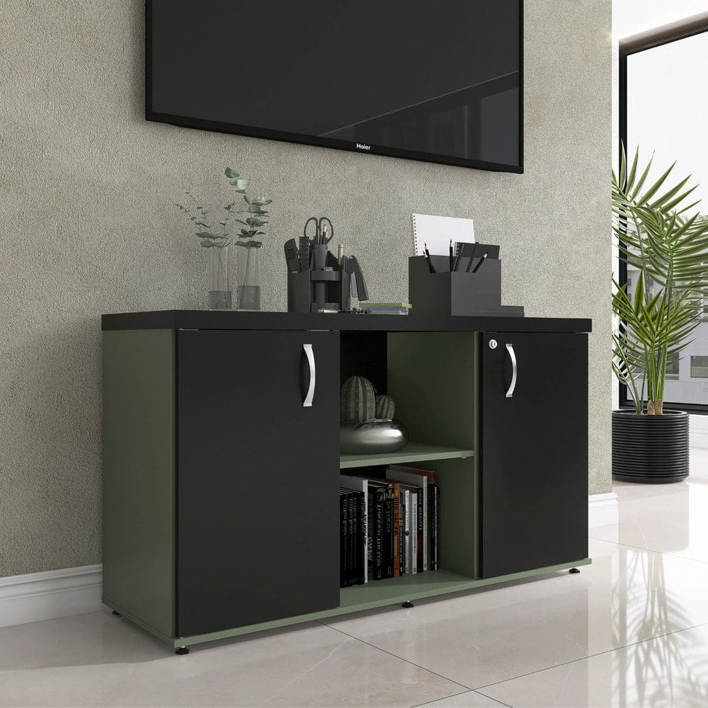 Armário Baixo com Nicho 2 Portas Pivotante Credenza Salvia/Preto