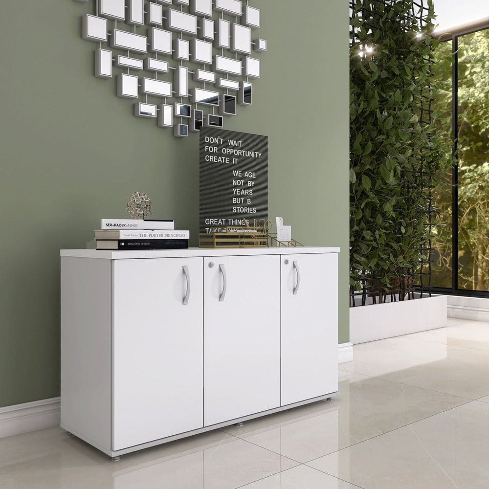 Armário para Escritório 3 Portas Pivotante Credenza Cinza/Branco