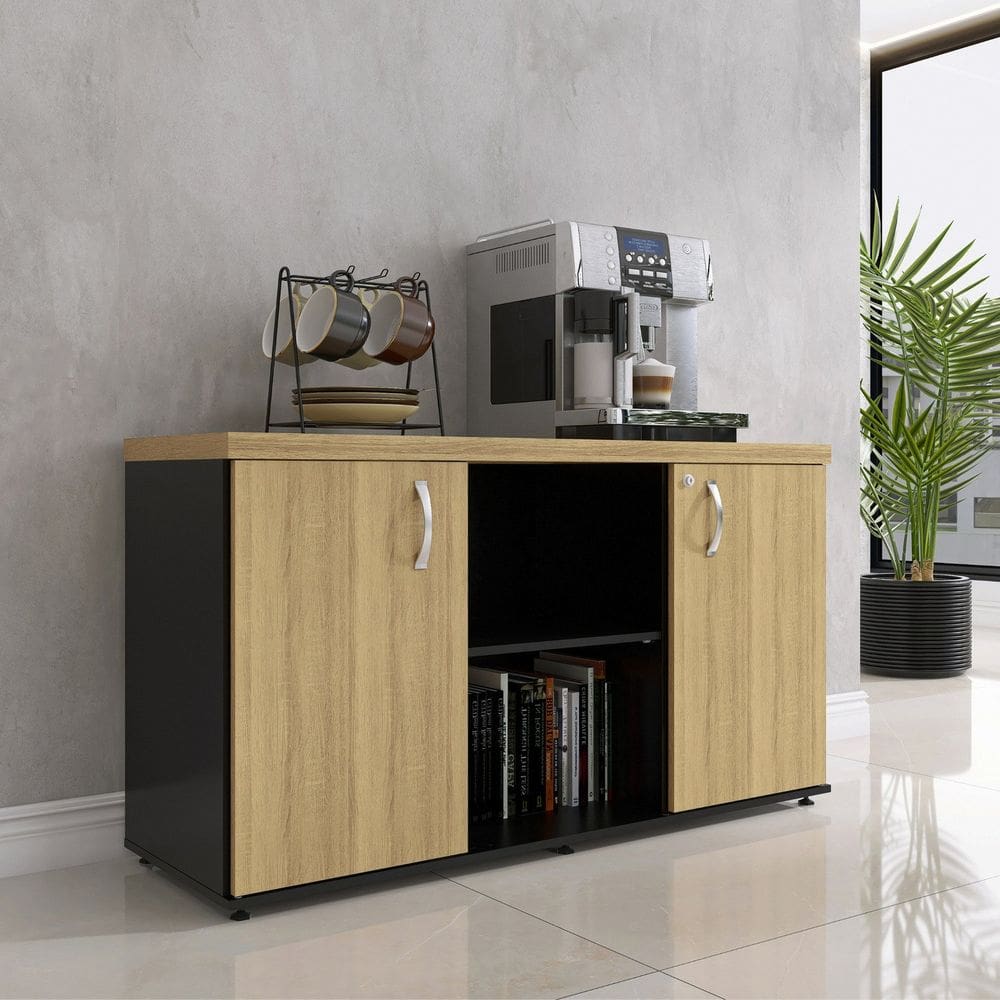 Armário Baixo com Nicho 2 Portas Pivotante Credenza Preto/Samba
