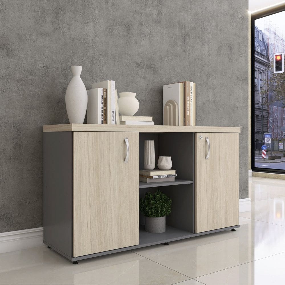 Armário Baixo com Nicho 2 Portas Pivotante Credenza Grafito/Castanheira Natural