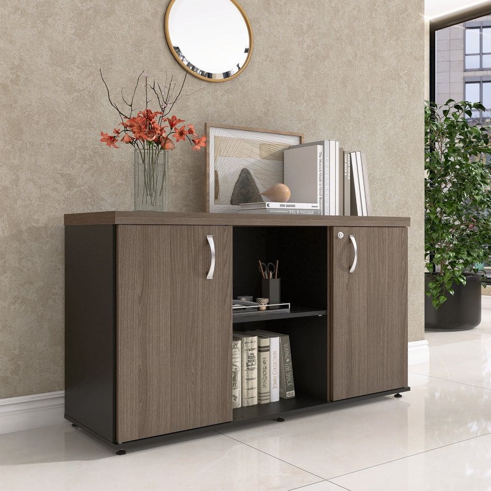 Armário Baixo com Nicho 2 Portas Pivotante Credenza Preto/Walnut