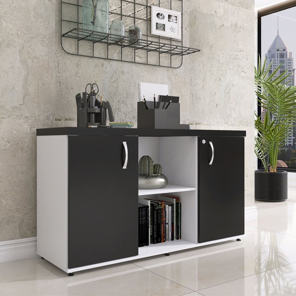 Armário Baixo com Nicho 2 Portas Pivotante Credenza Branco/Preto
