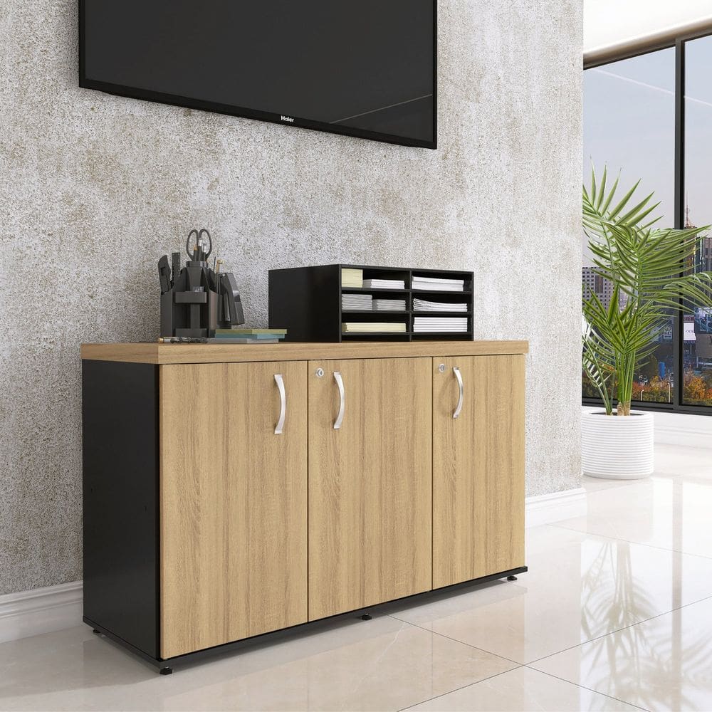 Armário 3 Portas Pivotante Credenza Preto/Samba