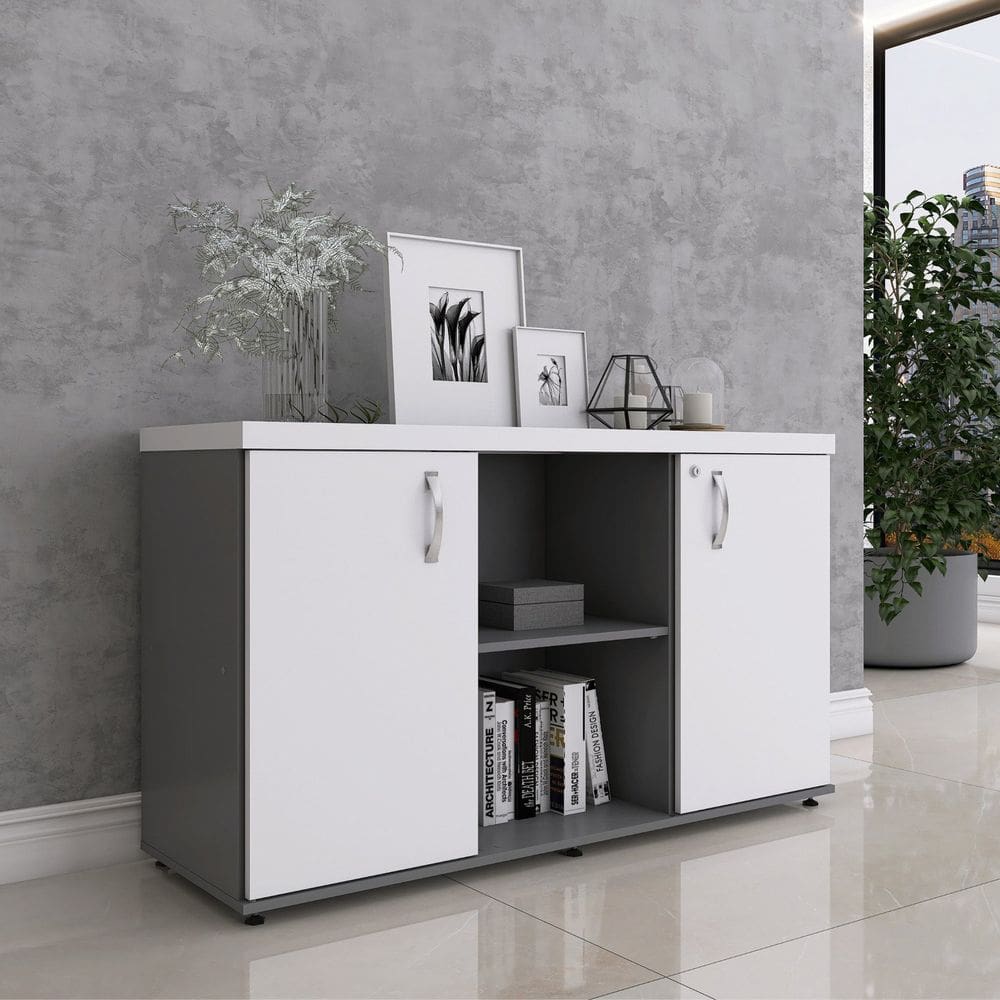 Armário Baixo com Nicho 2 Portas Pivotante Credenza Grafito/Branco