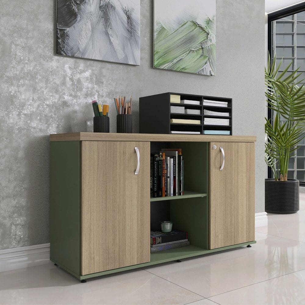 Armário Baixo com Nicho 2 Portas Pivotante Credenza Salvia/Noce Naturalle
