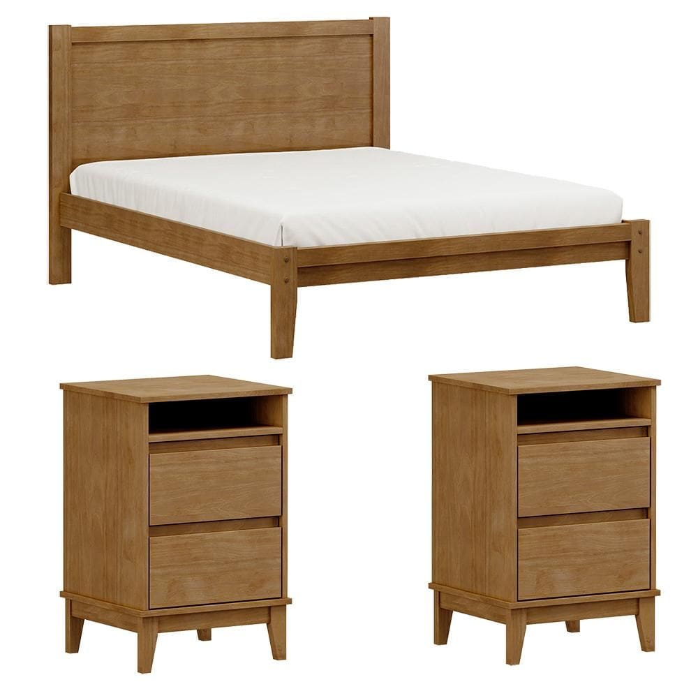 Cama Queen Madeira Maciça 02 Mesas de Cabeceira Milani Store