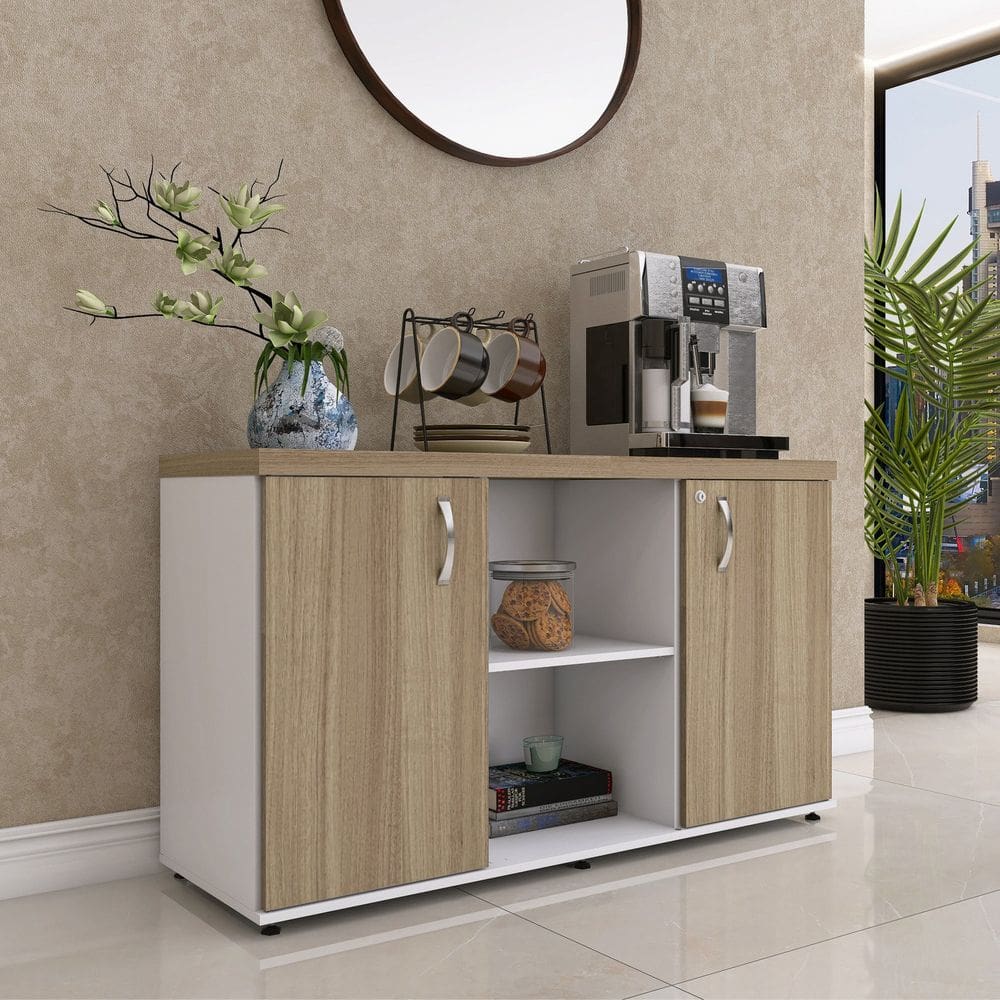 Armário Baixo com Nicho 2 Portas Pivotante Credenza Branco/Noce Naturalle