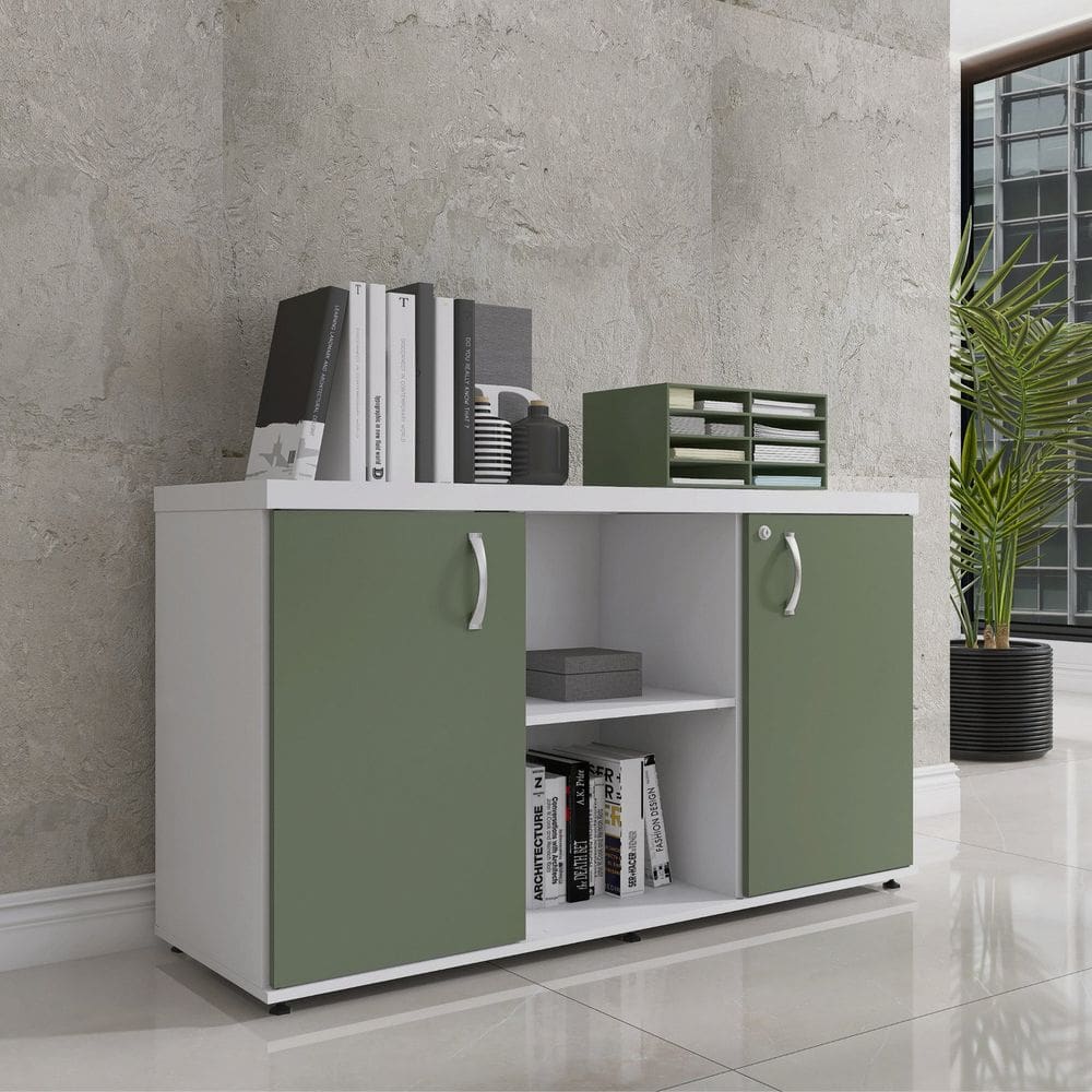 Armário Baixo com Nicho 2 Portas Pivotante Credenza Branco/Salvia