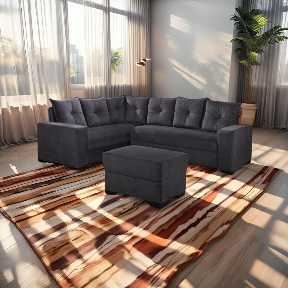 Cj. Estofado de Canto 3x2 Lugares Com Puff Grafite Vicenza Ecotec Espumas