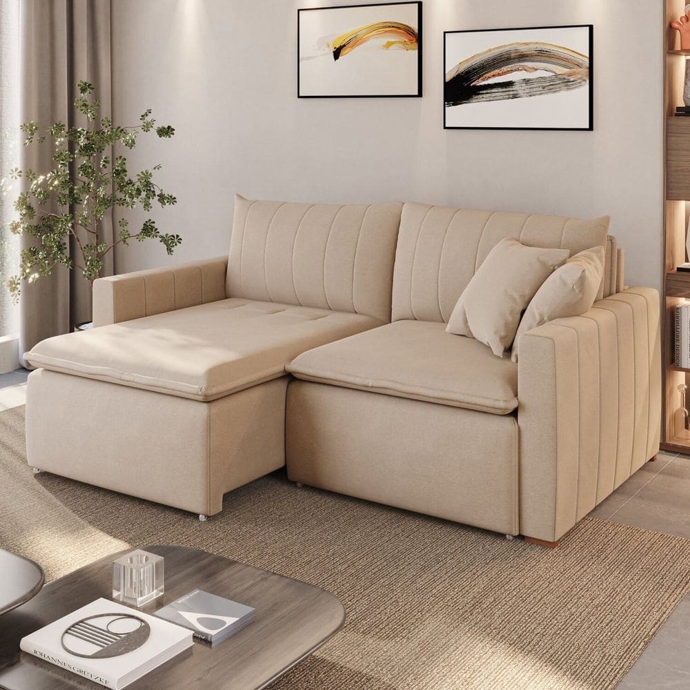 Sofá Cama em Madeira Eucalipto e Linho 210cm Uruguai Bege