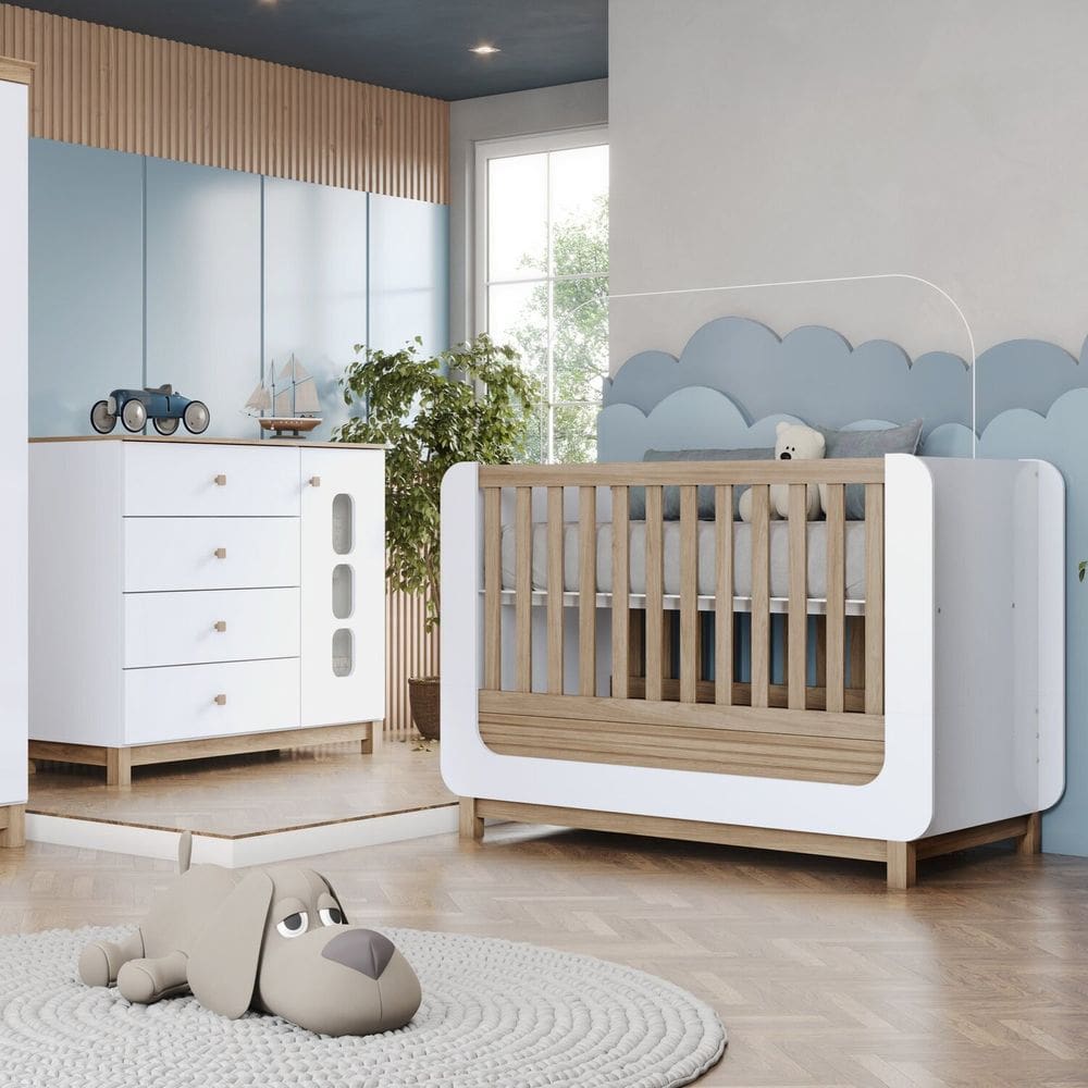 Conjunto Quarto de Bebê Berço e Cômoda Aconchego Branco/Jequitibá