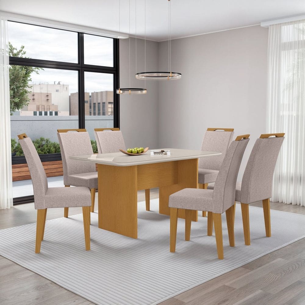 Mesa Cairo 160x90cm Tampo Mdf e Vidro com 6 Cadeiras Evora Nature/Bege/Off White