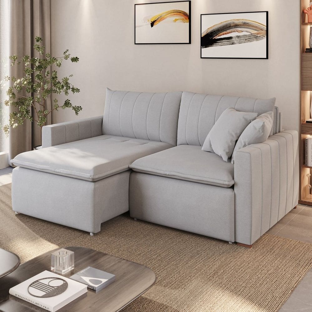 Sofá Cama em Madeira Eucalipto e Linho 210cm Uruguai Cinza Claro