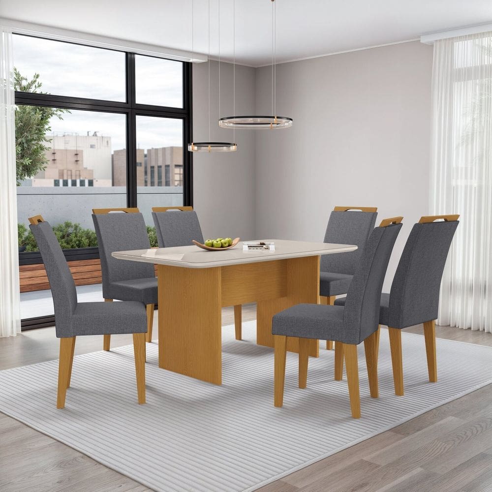 Mesa Cairo 160x90cm Tampo Mdf e Vidro com 6 Cadeiras Evora Nature/Cinza/Off White