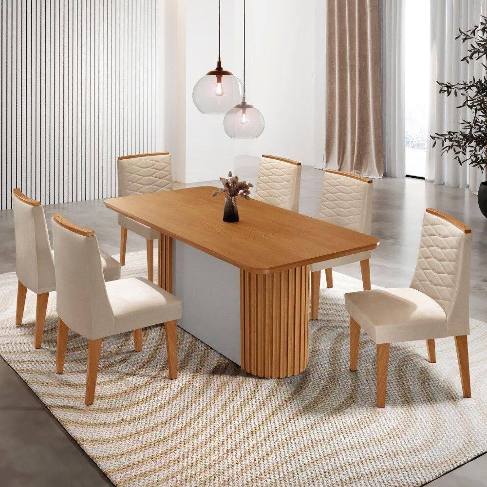 Mesa De Jantar Aspen Com 6 Cadeiras Eloise Moderna Mobília Veludo Creme