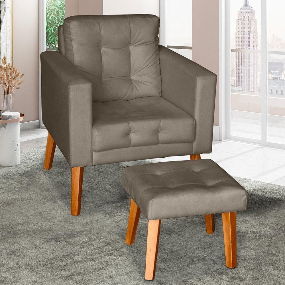 Poltrona Cadeira Com Puff Glamour Dubai Com Pés Em Madeira capuccino