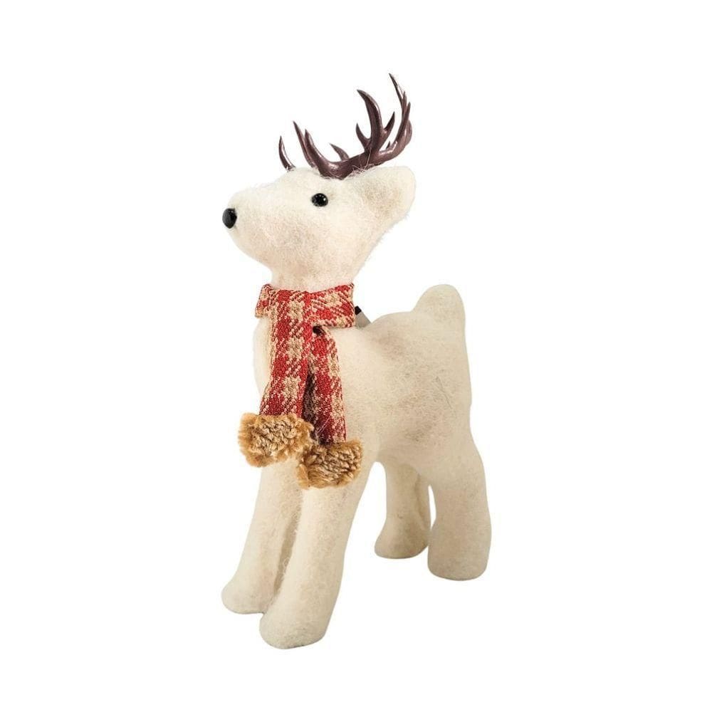 Rena Decorativa Natalina Em Pé Pelúcia Creme Com Cachecol Xadrez Vermelho E Marrom 24x12cm