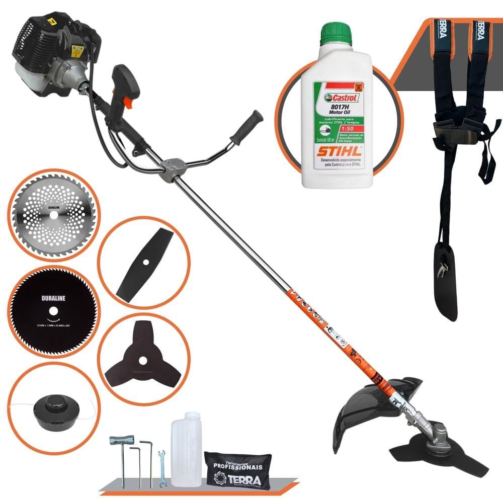 Máquina de Cortar Grama Multifuncional Terra GRH430 À Gasolina 43cc 1,7HP de Potência 6.500rpm 2T Roçadeira Completa 6 Em 1 + ÓLEO STIHL 8017 2 Tempos