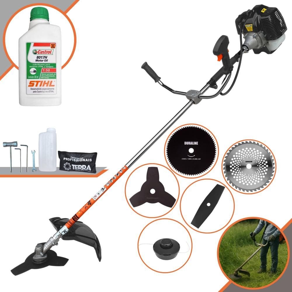 Roçadeira Aparador de Grama À Gasolina Terra GRH430 43cc 1,7HP 6.500rpm Completo Com Kit 4 Lâminas + Carretel de Nylon + Escova de Aço + ÓLEO STIHL 2T