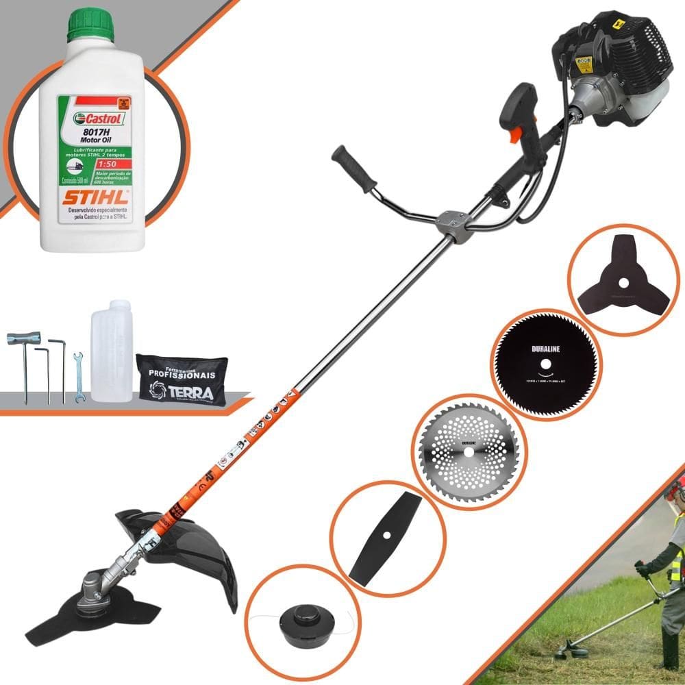 Roçadeira Terra GRH430 À Gasolina 43cc 1,7HP 6 Em 1 Com Carretel + Faca 2 Pontas, 3 Pontas, 40 Dentes e 80 Dentes + Escova de Aço + ÓLEO STIHL 2T