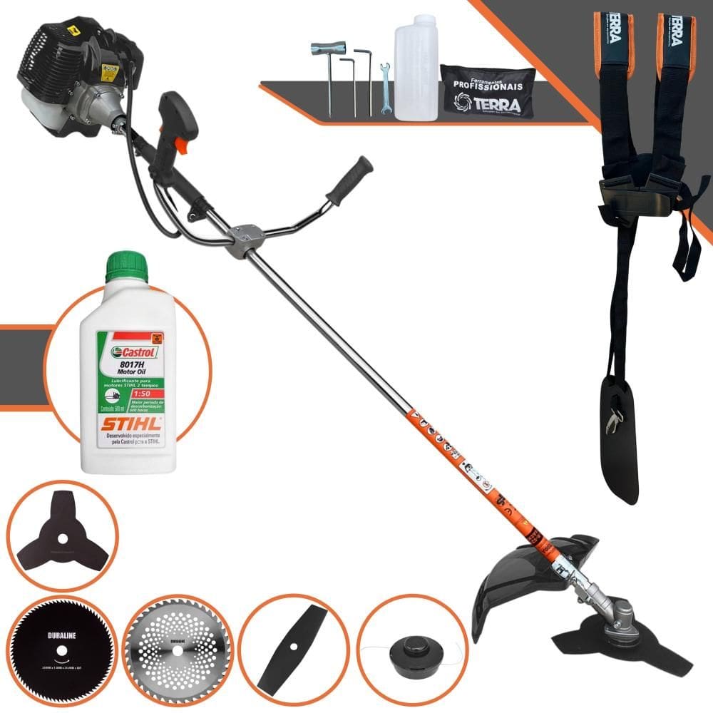 Roçadeira Lateral Terra GRH-430 43cc Com Lâmina Facão, Lâmina 3 Pontas, Lâmina 40 Dentes de Vídea, Lâmina 80 Dentes + Escova de Aço + ÓLEO STIHL 2T