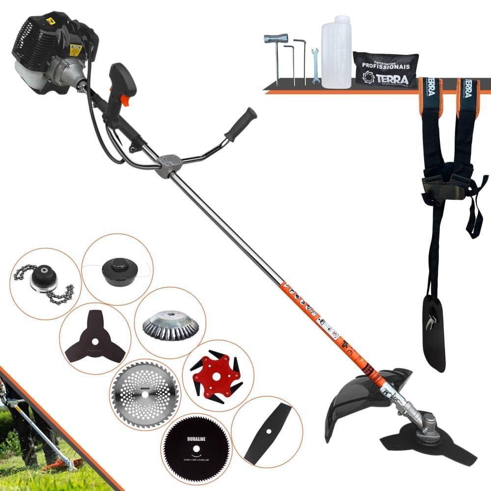 Máquina de Cortar Grama Robusta À Gasolina Terra GRH430 43cc 2 Tempos 6.500rpm 1,7HP de Potência 6.500rpm Roçadeira Completa Com 8 Opções de Cortes