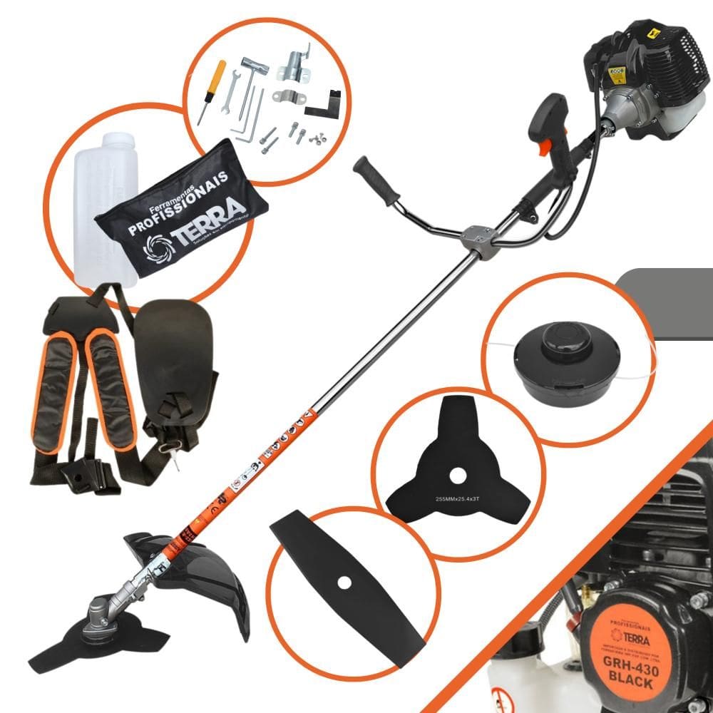 Roçadeira Multifuncional Terra GRH430 2 Tempos 43cc 1,7HP de Potência Cortador de Grama Com Cabeçote de Nylon + Lâmina 2 Pontas + Lâmina 3 Pontas