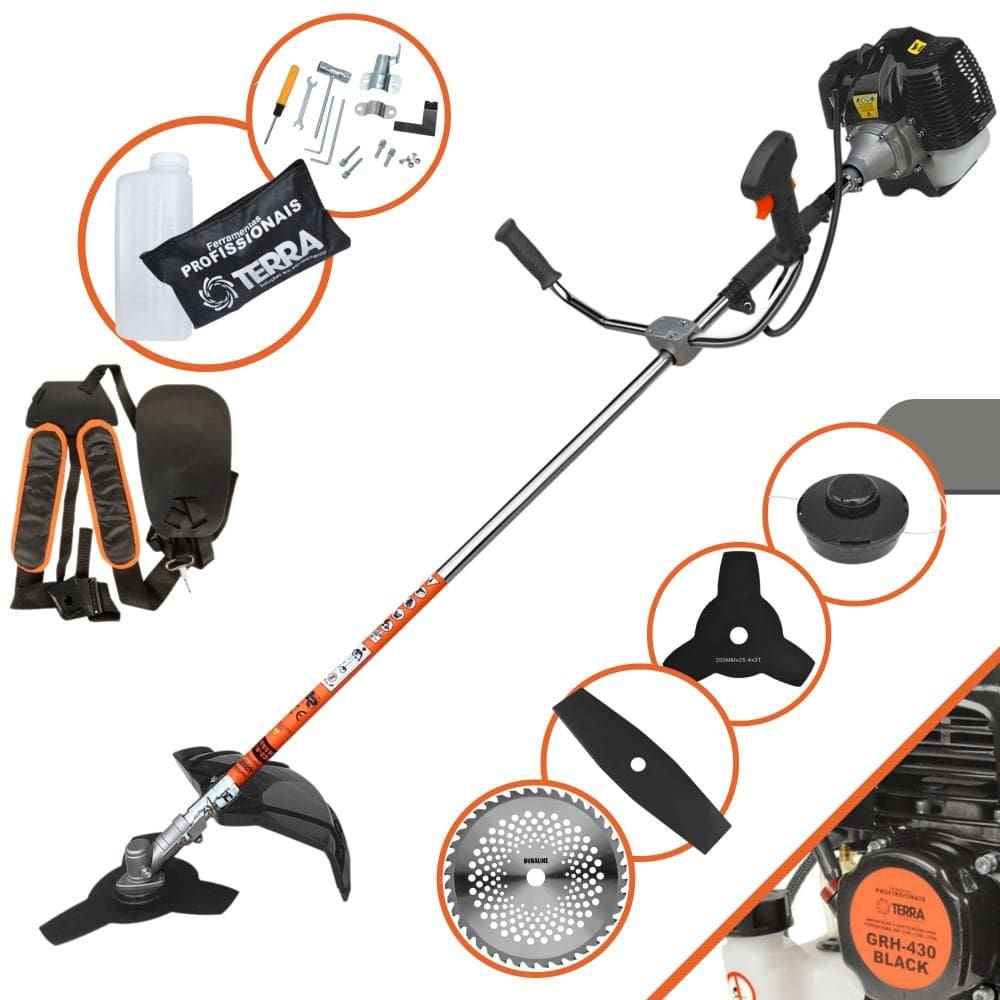 Roçadeira Lateral Terra GRH430 Motor 2 Tempos 43cc 6.500rpm 1,7HP Máquina de Corta Grama Com Carretel e Faca 3 Pontas + Faca 2 Pontas + Faca 40 Dentes