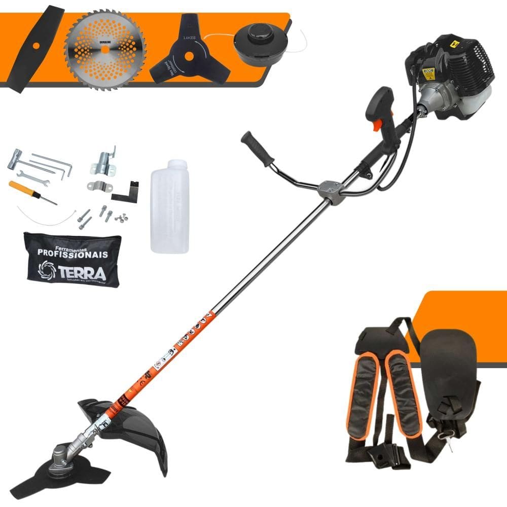 Aparador de Grama Completo Terra GRH430 À Gasolina 2 Tempos 43cc 6.500rpm 1,7HP de Potência Roçadeira Com Kit 3 Lâminas de Corte e Cabeçote de Nylon