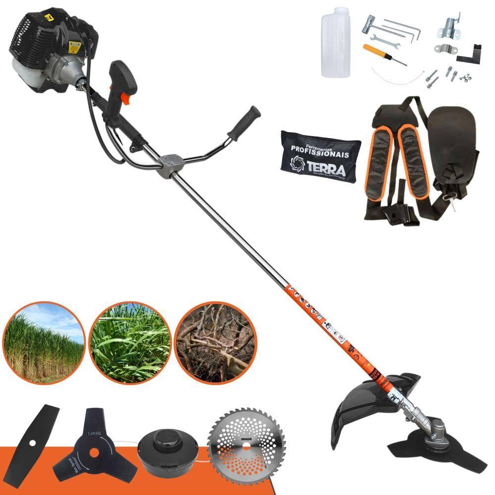 Roçadeira Completa GRH-430 Terra À Gasolina 43cc 1,7HP Alta Rotação 4 Em 1 Com Carretel + Faca 2 Pontas + Faca 3 Pontas + Faca 40 Dentes de Vídea