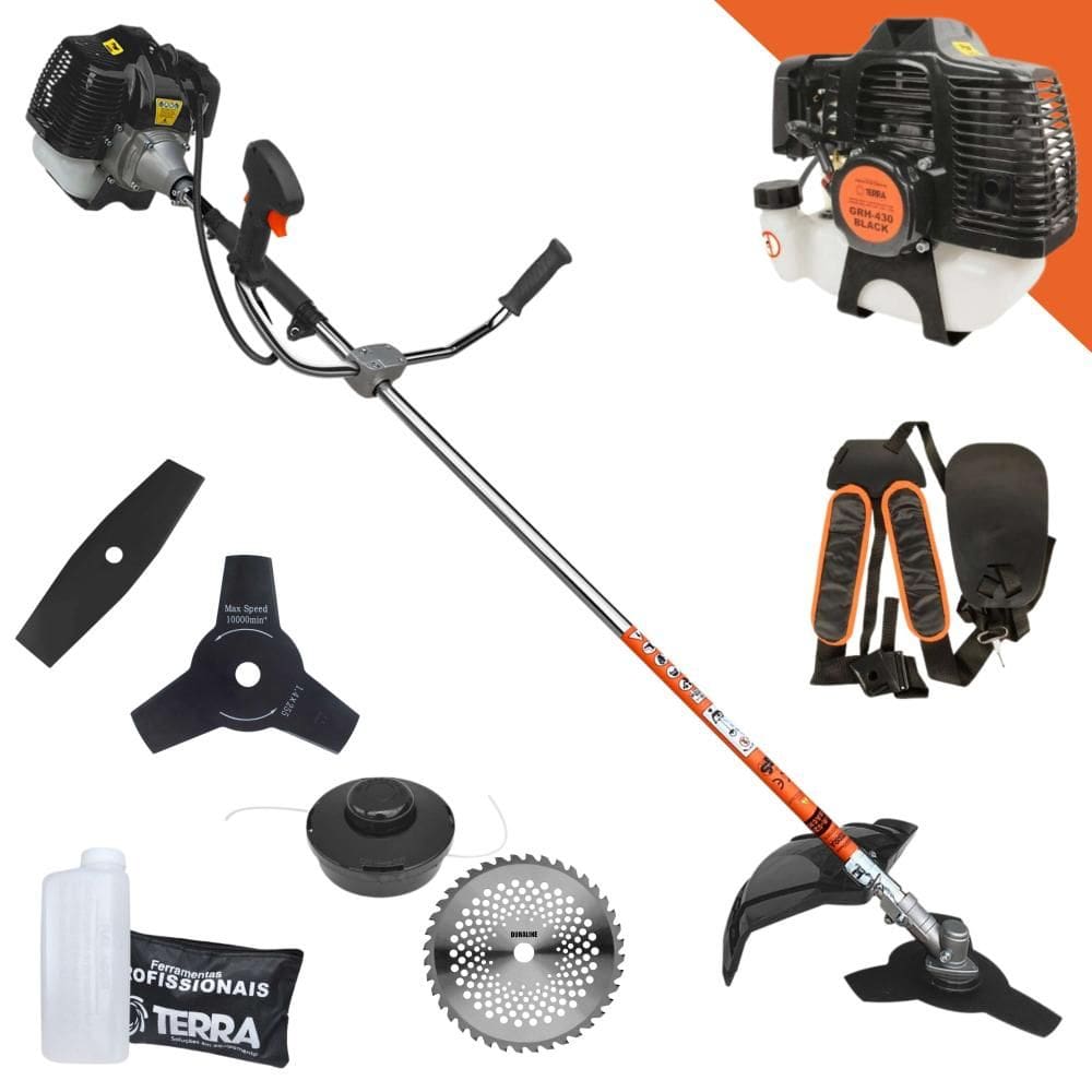 Cortador de Grama À Gasolina Terra GRH-430 43cc 1,7HP 2T Completa Com Carretel de Nylon + Faca 2 Pontas + Faca 3 Pontas + Faca 40 Dentes de Vídea