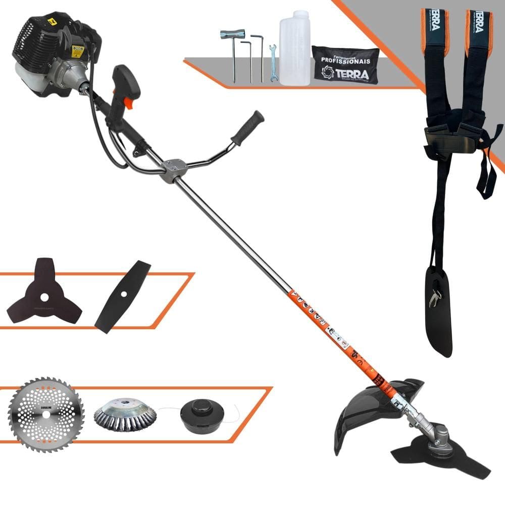 Roçadeira Terra GRH430 À Gasolina 2T 43cc 1,7HP Com Carretel de Nylon + Faca 2 Pontas + Faca 3 Pontas + Faca 40 Dentes Vídea + Escova de Aço Giratória