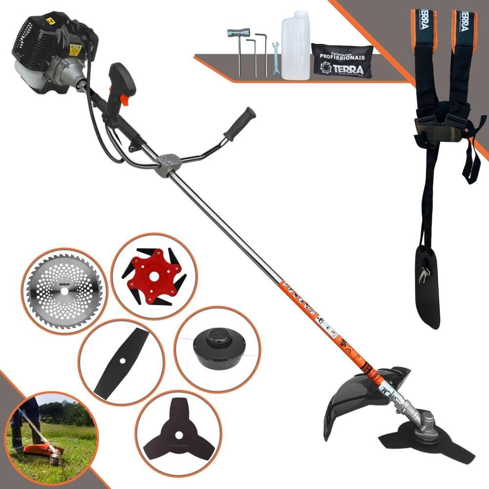 Roçadeira Profissional Terra GRH430 À Gasolina Motor 2 Tempos 43cc 1,7HP 6.500rpm Multifuncional Completa Com Carretel de Nylon e 4 Lâminas de Corte