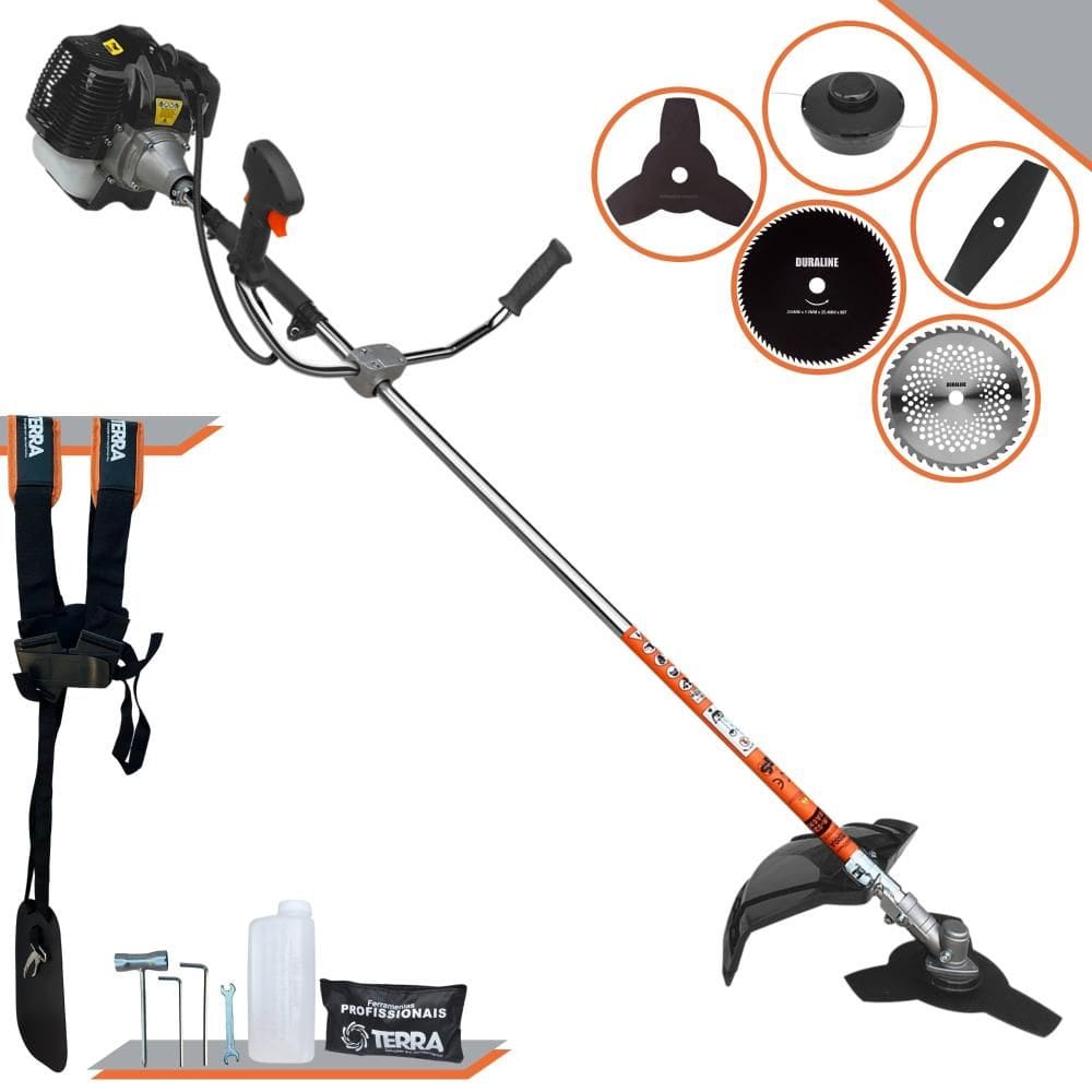 Roçadeira À Gasolina 2T Terra GRH-430 43cc 1,7HP 6.500rpm Completa 5 Em 1 Com Carretel de Nylon + Facas 2 Pontas, 3 Pontas, 40 Dentes e 80 Dentes