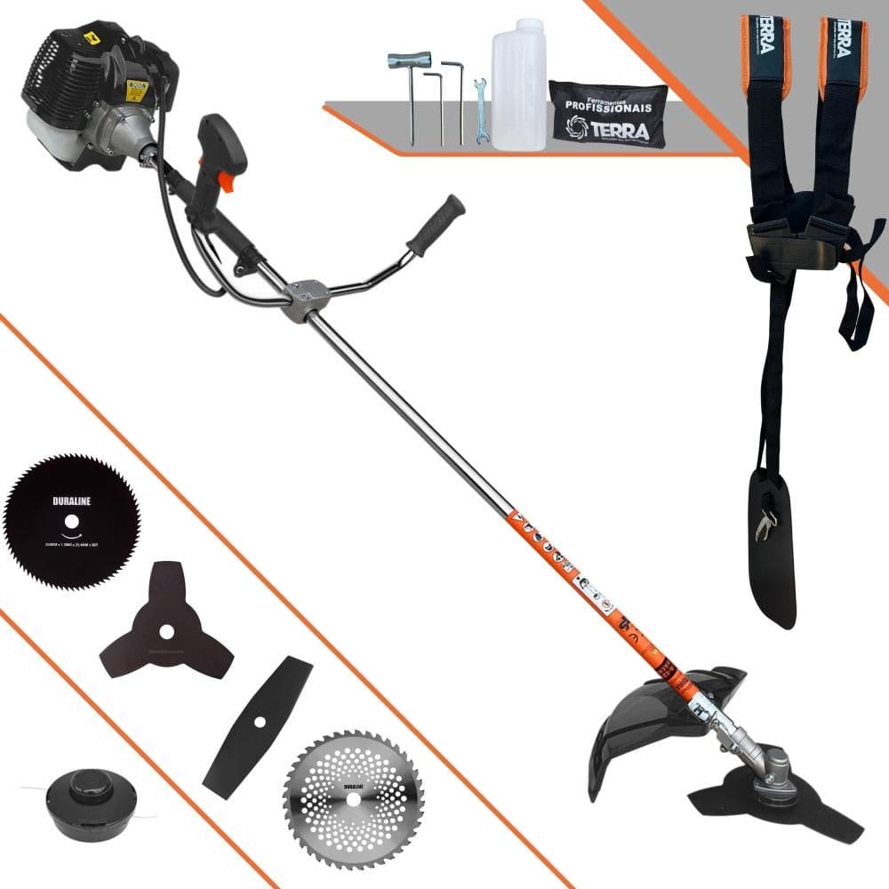 Roçadeira Terra GRH-430 À Gasolina 43cc 1,7HP de Potência 6.500rpm Com Carretel + Faca 2 Pontas + Faca 3 Pontas + Faca 40 Dentes + Faca 80 Dentes