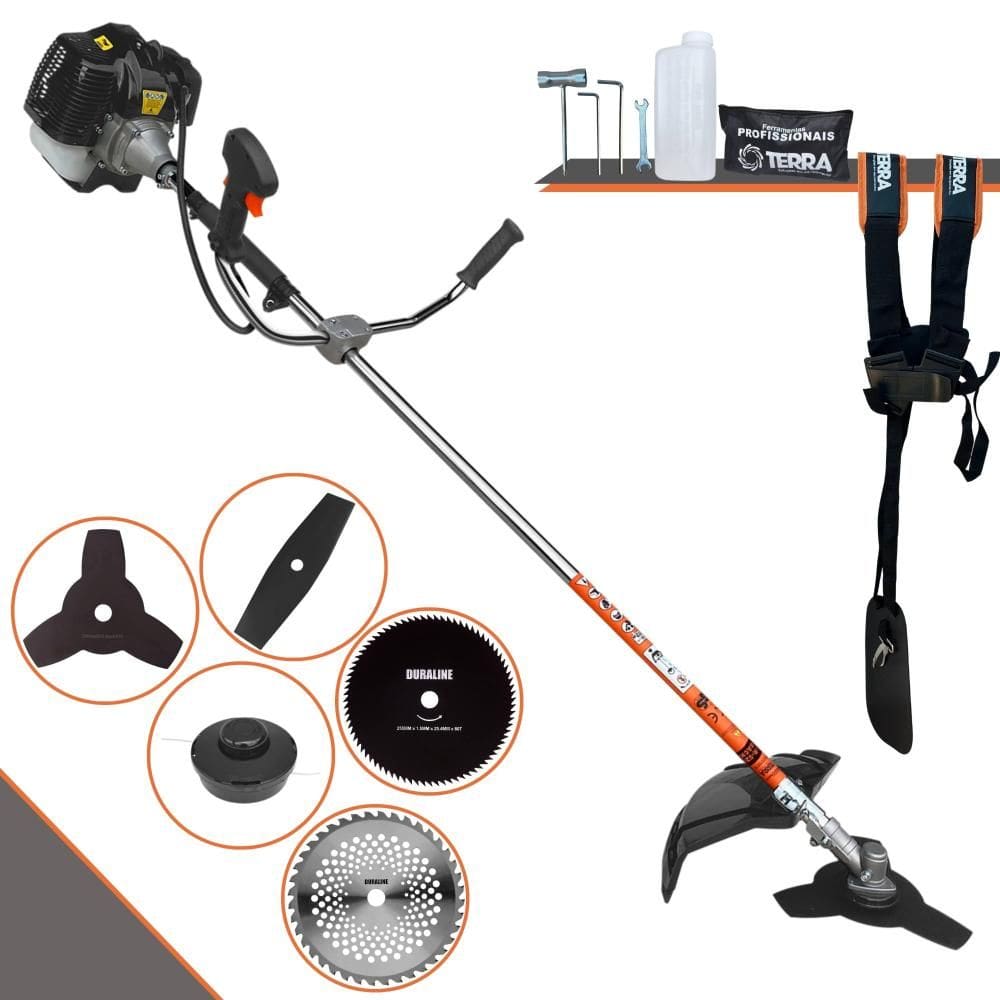 Roçadeira Multifuncional Completa Terra GRH430 À Gasolina 43cc Para Todos os Tipos de Trabalho Com Carretel de Nylon + Kit de 4 Lâminas de Cortes