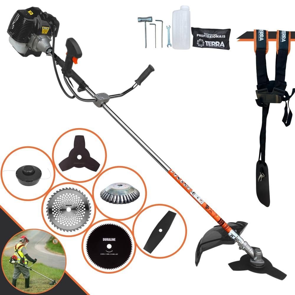 Roçadeira Multifunções Terra GRH430 À Gasolina 2T 43cc 1,7HP 6.500rpm Com Carretel + Kit 4 Lâminas de Cortes + Escova de Aço Para Pavers e Calçadas