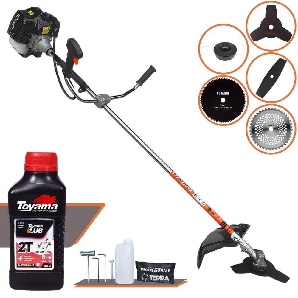 Roçadeira Robusta Terra GRH430 À Gasolina 43cc Com Carretel + Faca 2 Pontas + Faca 3 Pontas + Faca 40 Dentes Vídea + Faca 80 Dentes + ÓLEO TOYAMA 2T