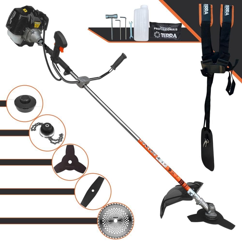 Máquina de Corta Grama Terra GRH430 À Gasolina 2T 43cc 1,7HP 6.500rpm Multifunções Profissional Completa Com Carretel de Nylon + 4 Lâminas de Corte