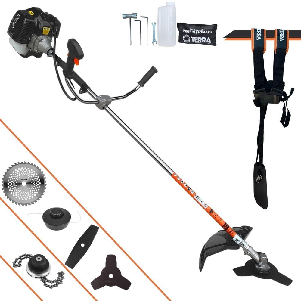 Roçadeira Lateral Terra GRH430 À Gasolina 43cc 1,7HP Alta Rotação Para Todos os Tipos de Trabalho Com Carretel de Nylon + Kit de 4 Lâminas de Cortes